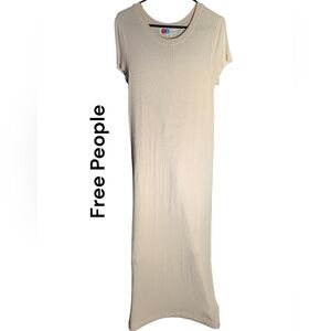 Free People Beige Floor Length Ribbed Short Sleeve Maxi Dress